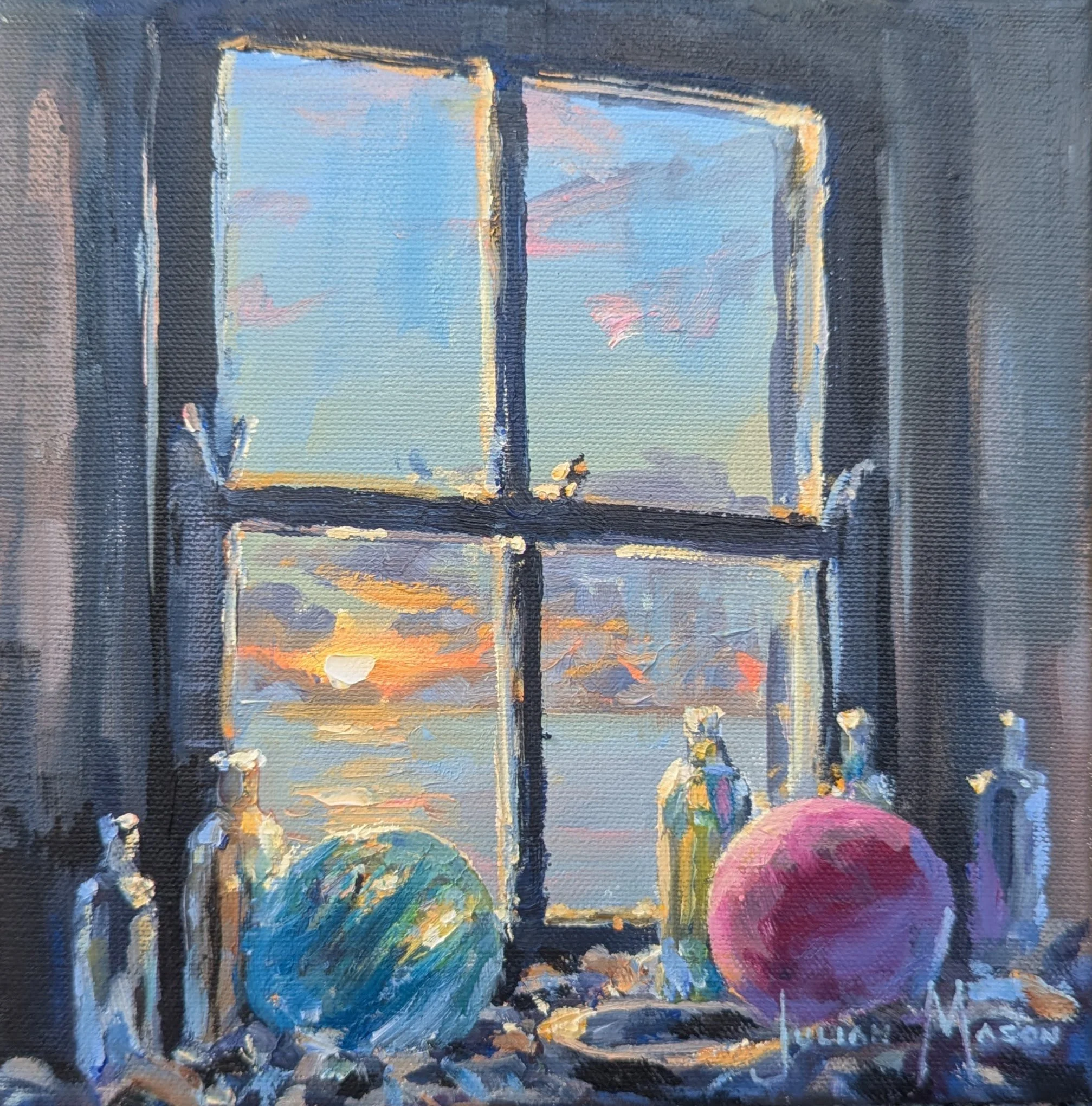 Close-up of a painted window scene with vibrant colors and textured brushstrokes.
