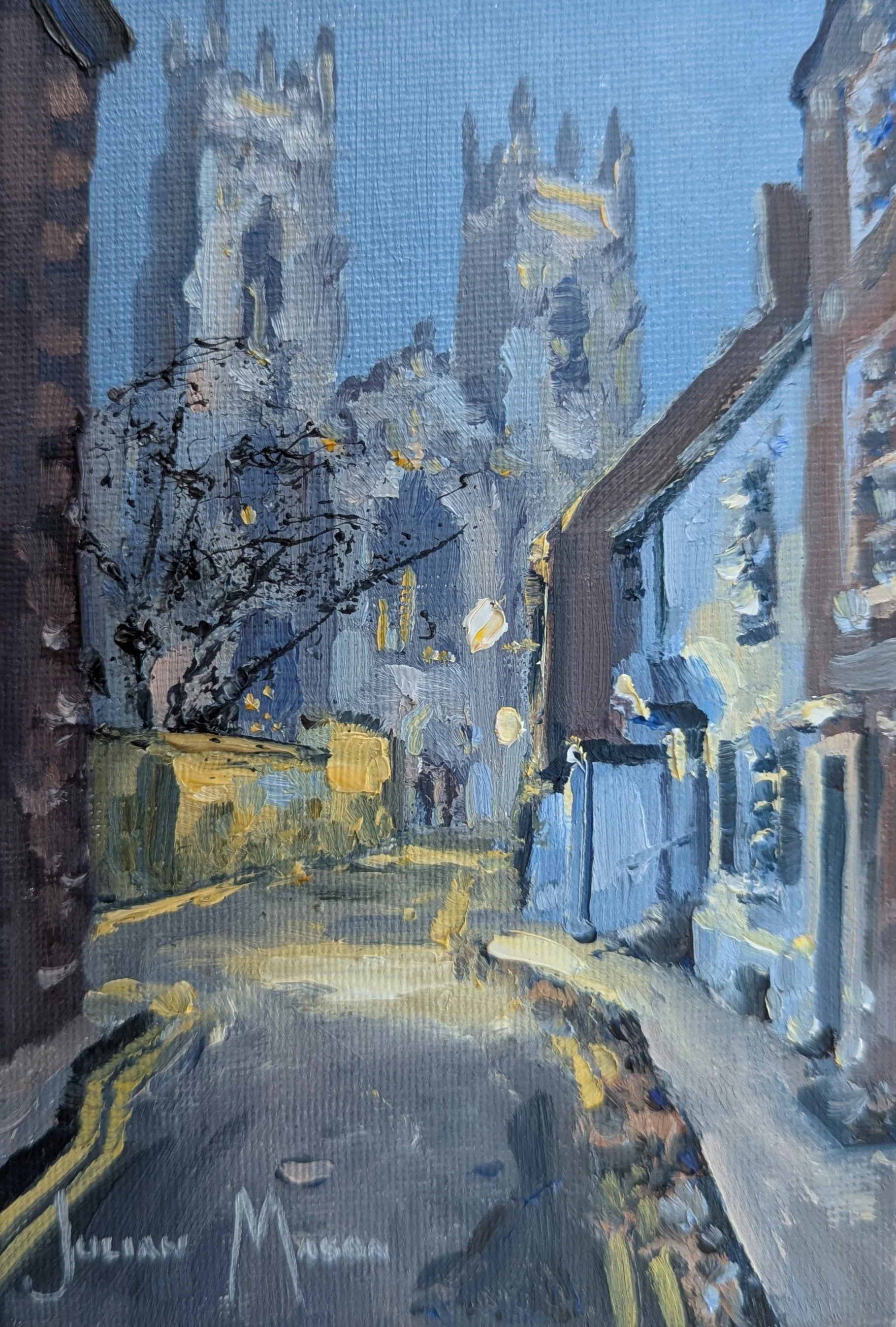 Impressionist painting of a city street scene with buildings, streetlights, and trees, using thick brush strokes and vibrant colors, with a focus on blues and yellows.