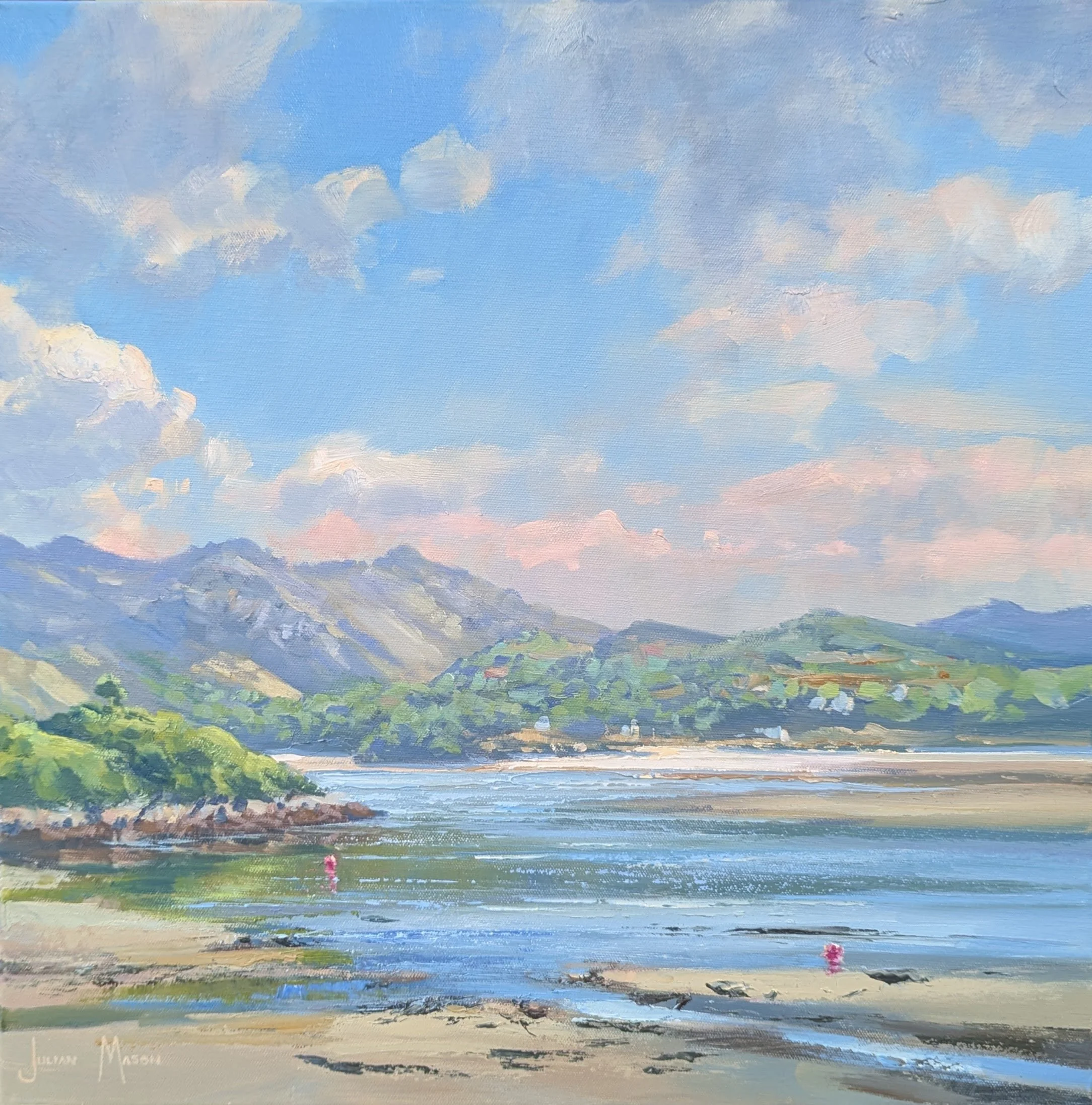A landscape painting depicting a blue sky with scattered white clouds, mountains in the distance, green fields, and a body of water in the foreground, created with an impressionistic style.