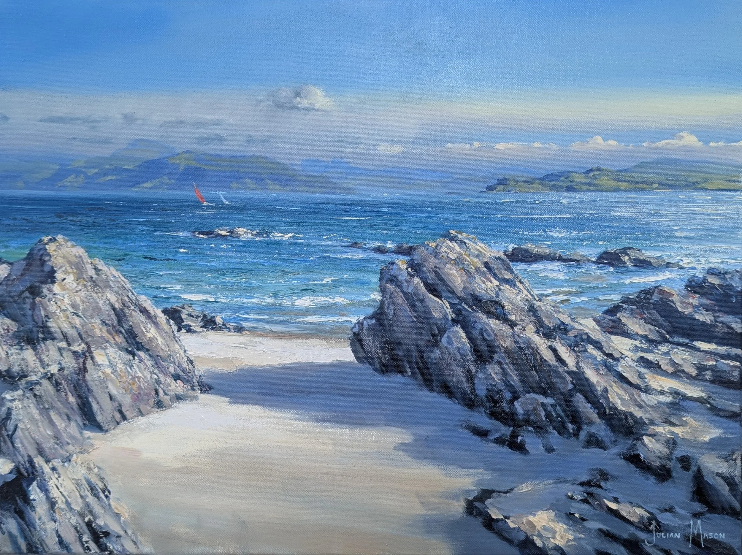 A painting of a coastal landscape with rocky cliffs in the foreground, the ocean, and distant mountains under a partly cloudy sky.