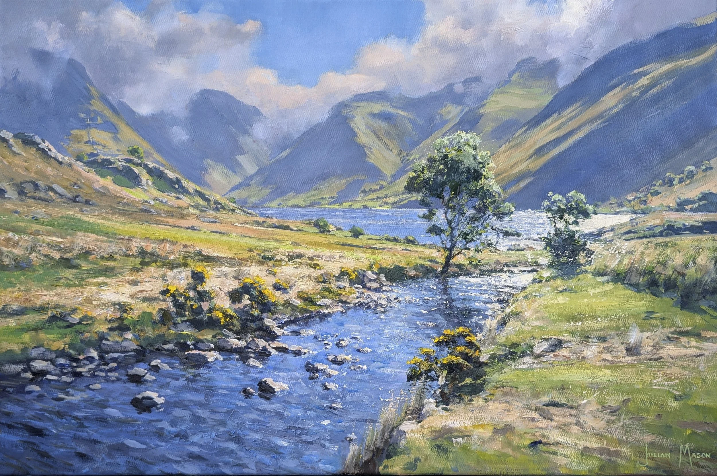 An impressionist painting of a scenic mountain landscape with a river flowing through lush green fields, tall trees, and towering mountains in the background under a partly cloudy sky.