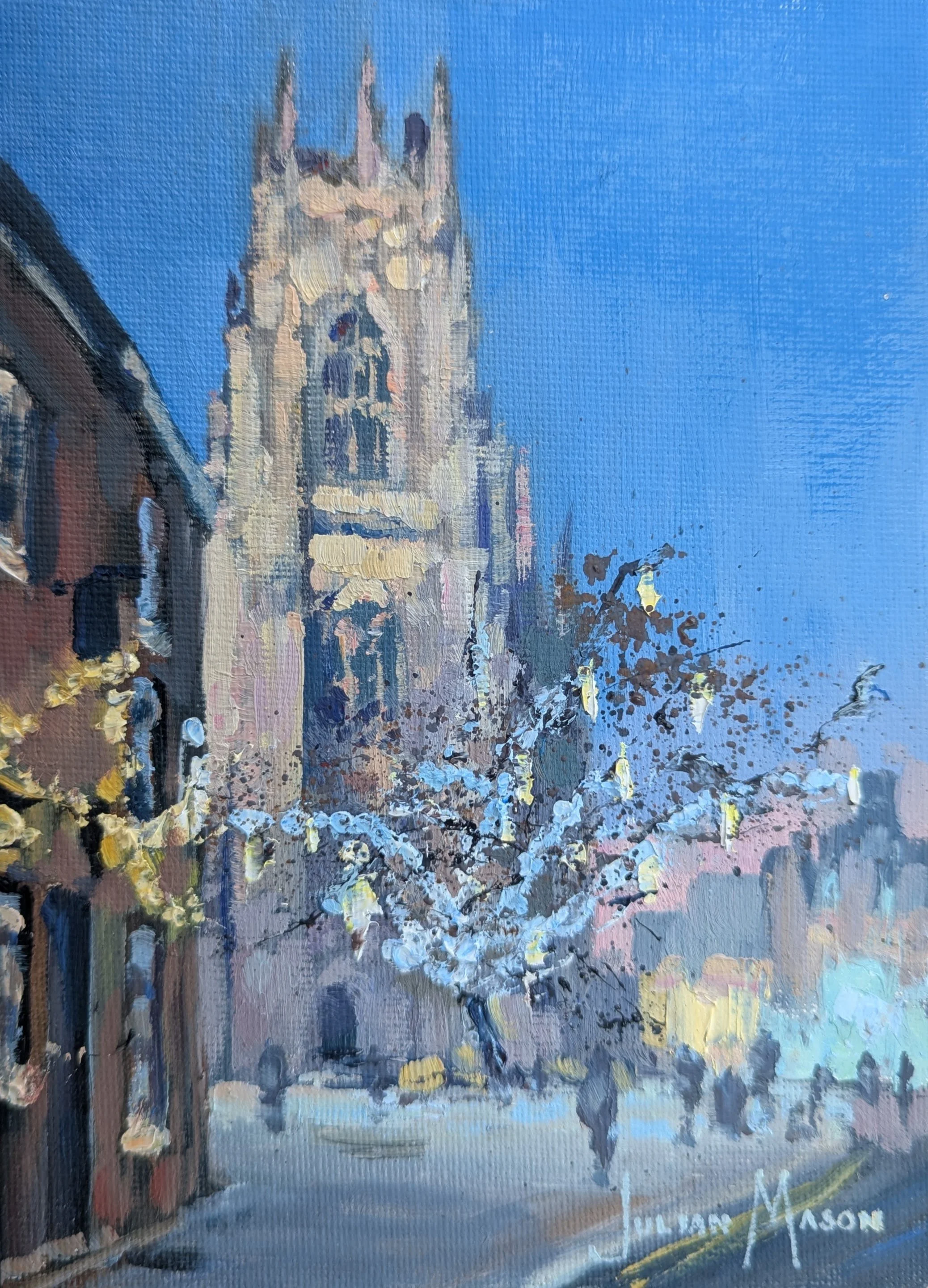 Painted scene of a historic church with tall spires and intricate architecture, surrounded by trees and a cloudy sky, with Impressionist style brushstrokes.