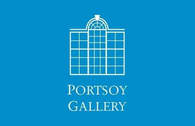 Logo of Portsoya Gallery featuring a stylized building with a dome, in white on a blue background.