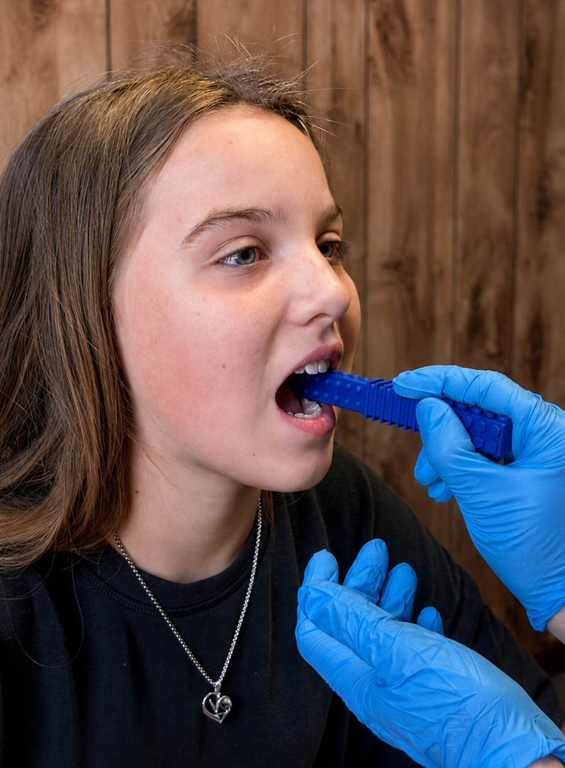 A girl undergoing a throat swab test by a healthcare professional wearing blue gloves.