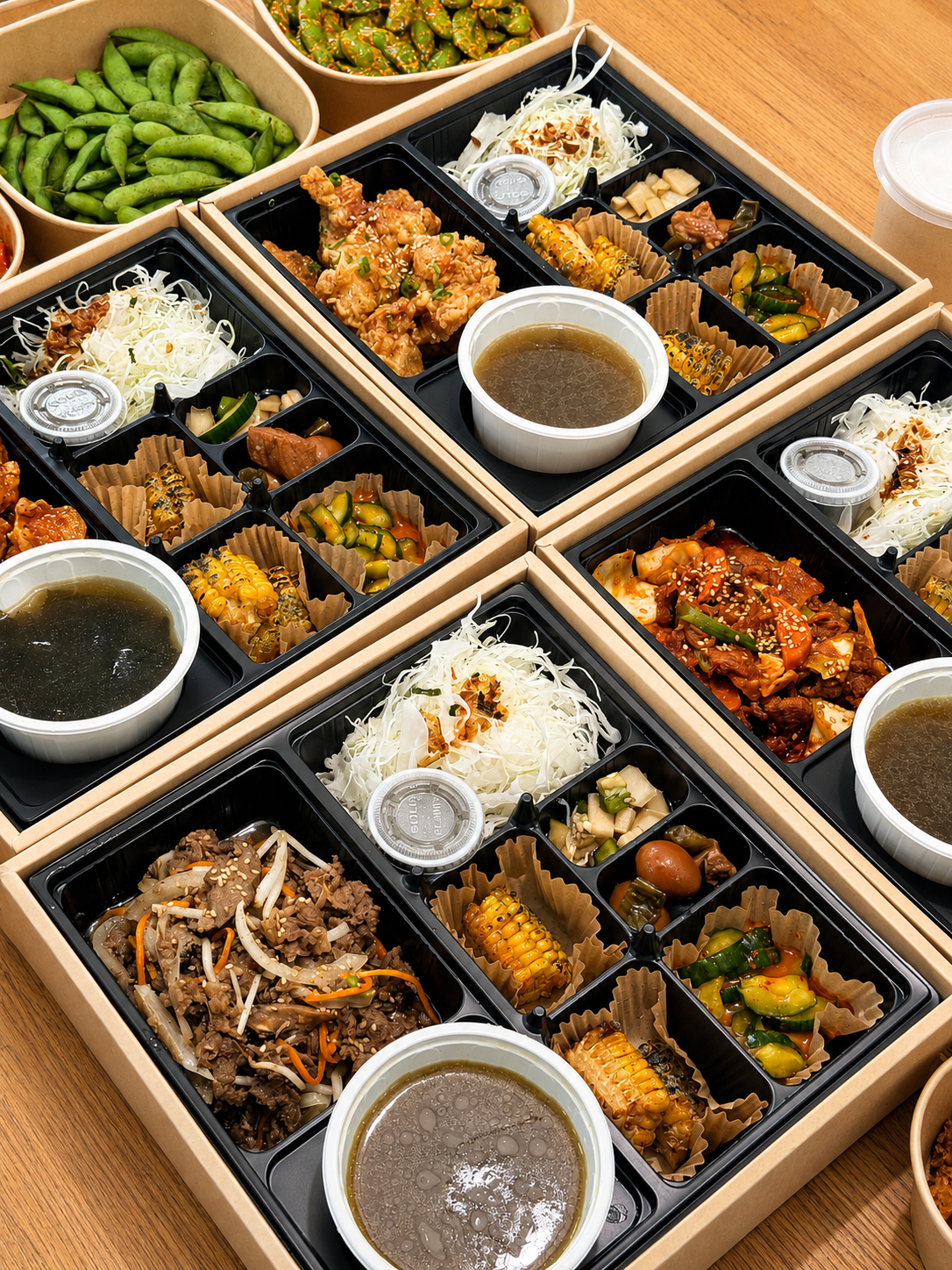 Multiple black plastic containers with Korean bento-style meals, including rice, vegetables, meats, and soups, on a wooden table.