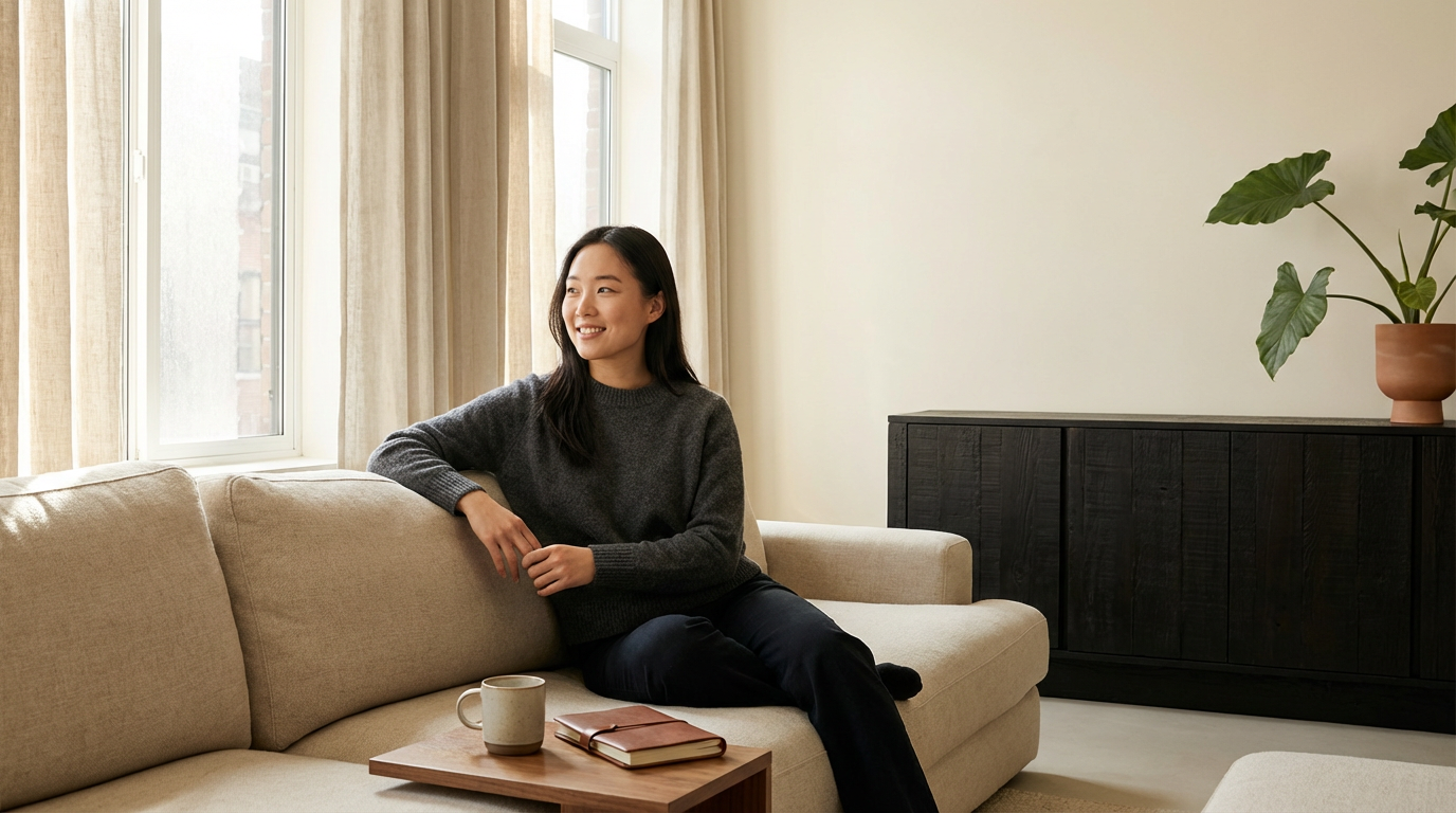 A woman sitting on a beige couch in a bright living room, smiling, with a cup and closed notebook on a small side table.