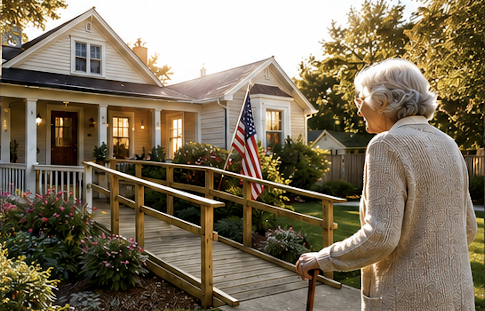 An elderly woman with white hair and glasses looking at a house with a front porch, decorated with flowers and an American flag, during sunset.