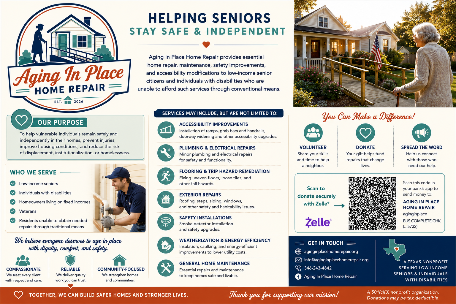 A flyer for Aging In Place Home Repair, a nonprofit organization helping seniors stay safe and independent through home repairs and improvements. It includes the organization's logo, a description of services like accessibility upgrades, plumbing, electrical, flooring, exterior repairs, safety installations, weatherization, and general maintenance. The flyer highlights serving low-income seniors, individuals with disabilities, homeowners on fixed incomes, veterans, and residents unable to do repairs themselves. It encourages donations, volunteering, and spreading awareness, with a QR code for donations via Zelle. The flyer features an image of an elderly woman looking at her home with a porch and garden, along with branding details, contact info, and a map of Texas.