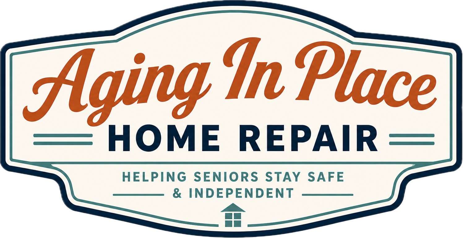 Signboard for 'Aging In Place Home Repair' with a tagline 'Helping seniors stay safe & independent' and a small house icon at the bottom.