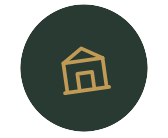 Icon of a house with a front porch set against a dark green circular background.