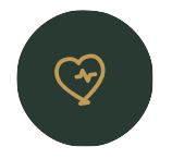 Outline of a heart with a line through it inside a dark green circle.