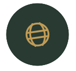 Gold globe icon on a dark green circle background