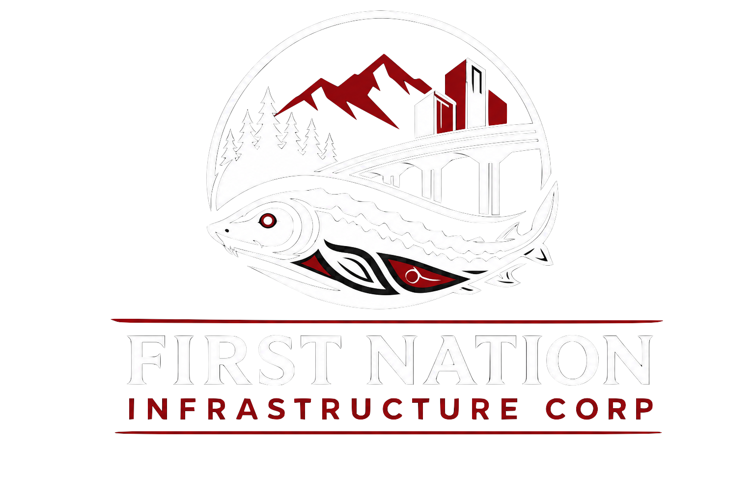 A logo for First Nation Infrastructure Corp featuring a stylized fish, a mountain range, trees, and a bridge within a circular design, with the company name below.