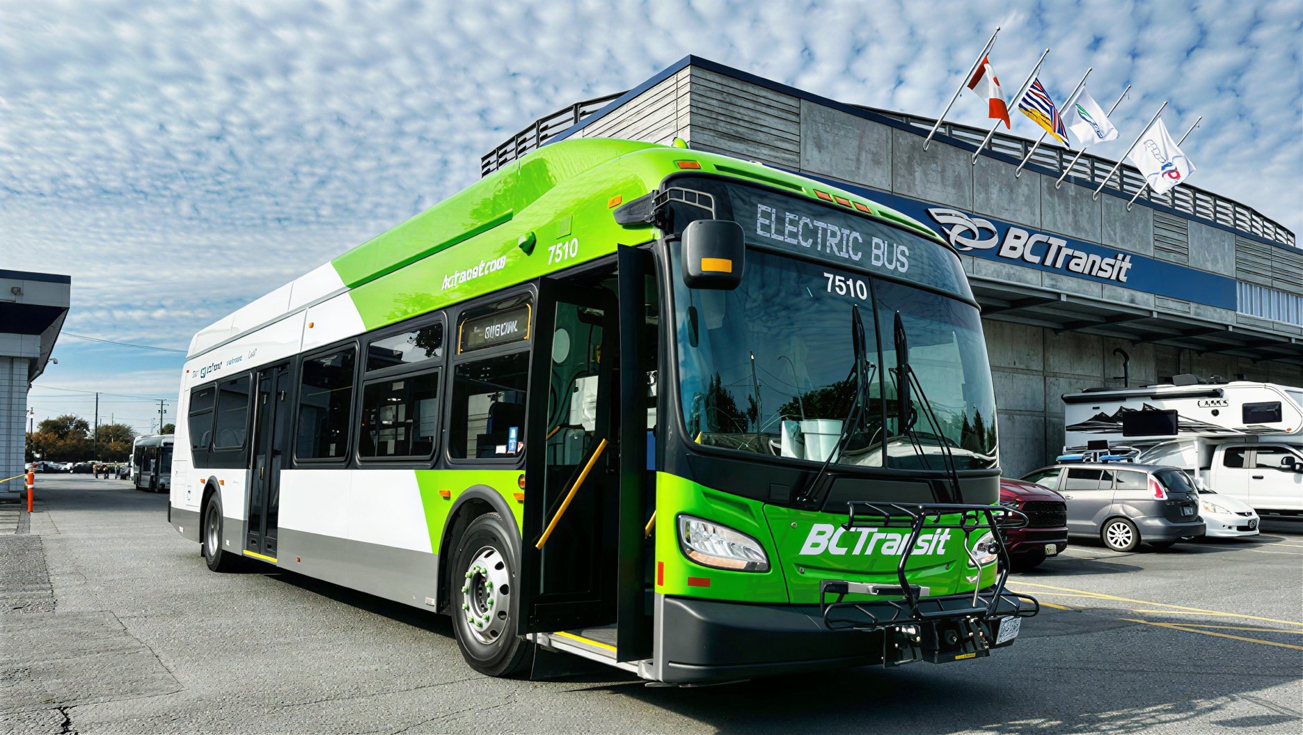 A green and white electric bus parked at a transit station with a sign reading 'BCT Transit' on the building behind, flags flying on top of the station, and other vehicles in the background.
