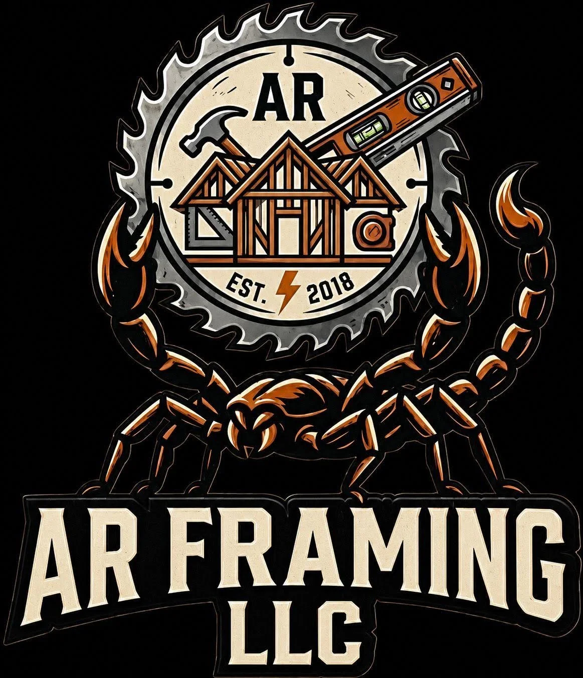 A logo for AR Framing LLC featuring a circular saw blade with a house, hammer, and level inside, surrounded by a chain, with the text 'AR Framing LLC' and 'Est. 2018'.