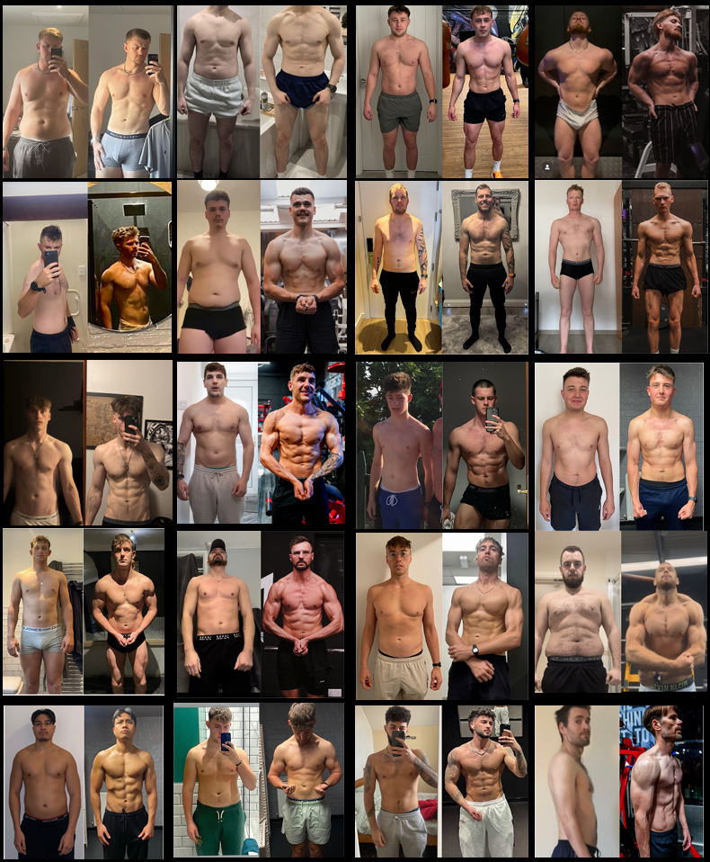 Collage of multiple shirtless men, showing various physiques and body types, in different indoor and outdoor settings, some taking selfies and others posing.