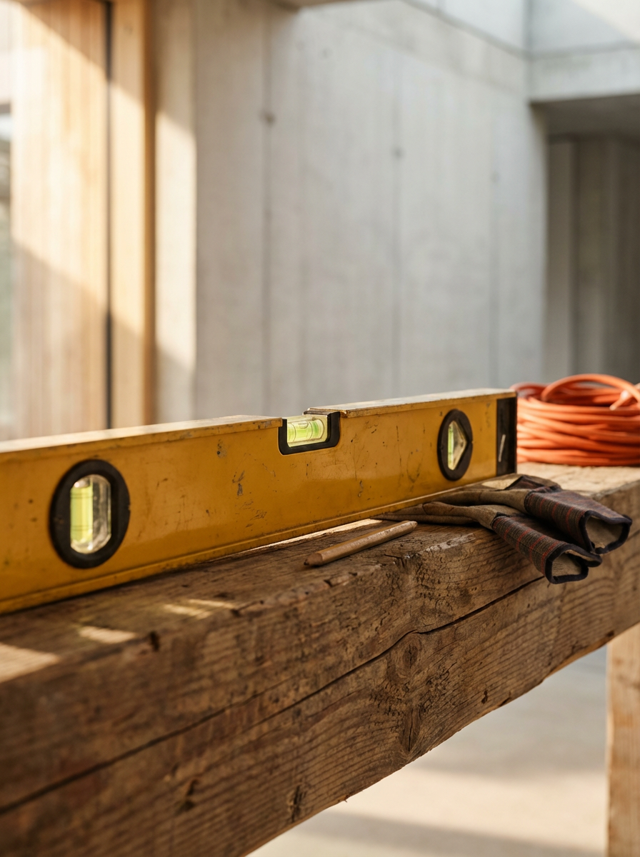 A yellow spirit level tool resting on a wooden workbench with gloves and an extension cord nearby, in a construction setting.