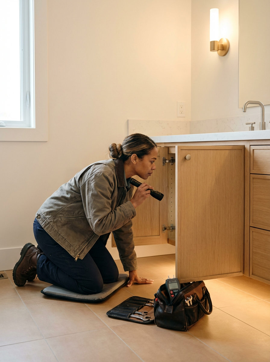 A woman kneeling on a cushion examining the interior of a kitchen cabinet with a flashlight, tools and a toolbox on the floor nearby.