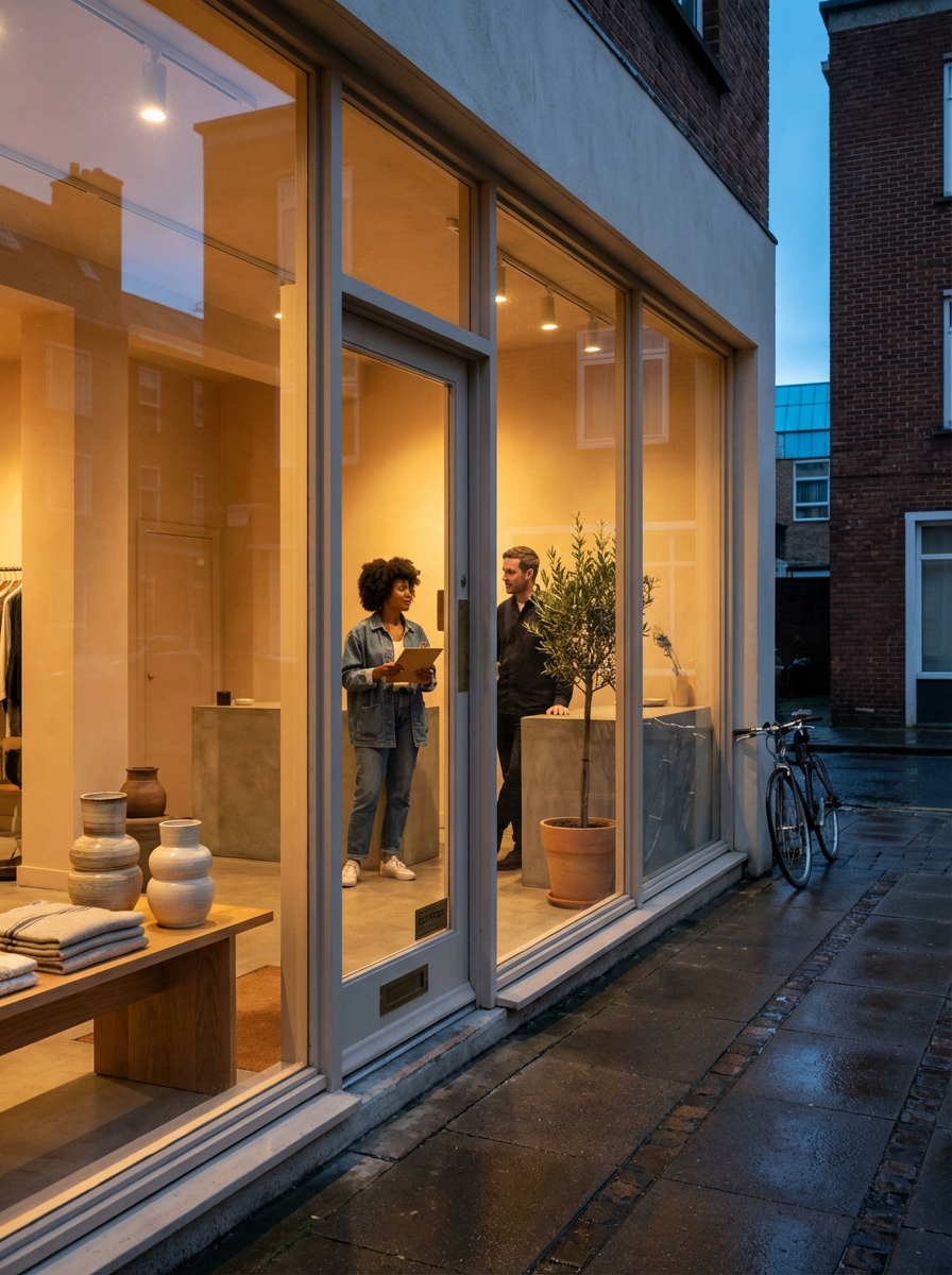 Two people inside a clothing store talking, seen through large glass windows at dusk, with a bicycle parked outside on a wet sidewalk, potted plants and stacked towels inside.