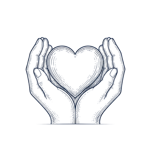 Outline of two hands holding a heart shape against a black background.
