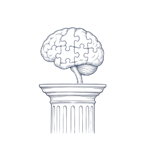 A digital illustration of a human brain with puzzle-piece patterns, placed on a classical pedestal, symbolizing intelligence or mental focus.