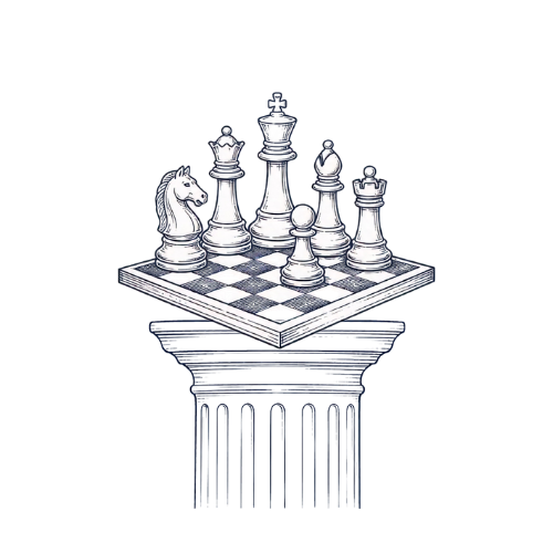 A chessboard with chess pieces, including a knight, queen, king, and pawns, placed on a pedestal with a classical column base.