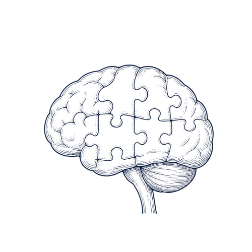 Illustration of a human brain made up of interconnected puzzle pieces against a black background.