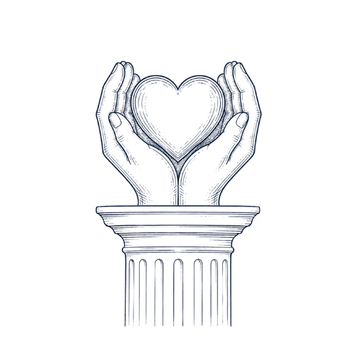 An illustration of two hands forming a heart shape above a classical column with a black background.