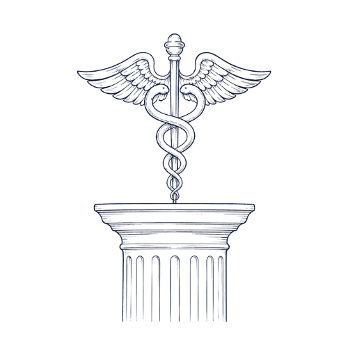 Medical caduceus symbol with two snakes wrapped around a staff, topped with wings, above a classical column or pedestal.