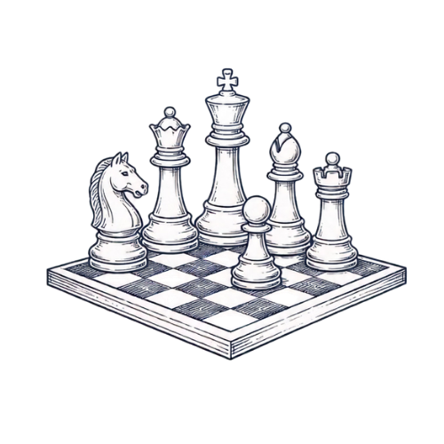 A chessboard with various chess pieces, including a horse (knight), king, queen, pawn, bishop, and rook, arranged on the board.