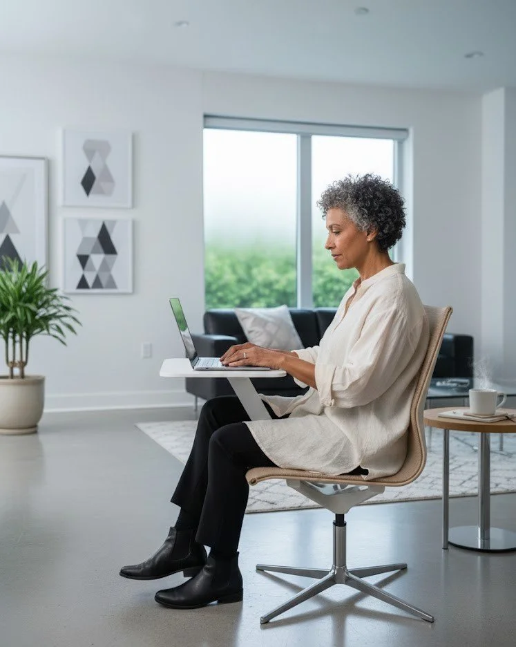 A woman with curly gray hair working on a laptop in a modern living room with a large window, black sofa, potted plant, and abstract wall art.