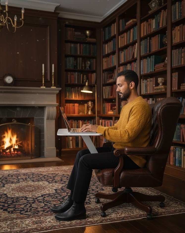 A man sitting in a leather office chair working on a laptop in a wood-paneled library with tall bookshelves, a fireplace, and a fireplace mantel with candles.