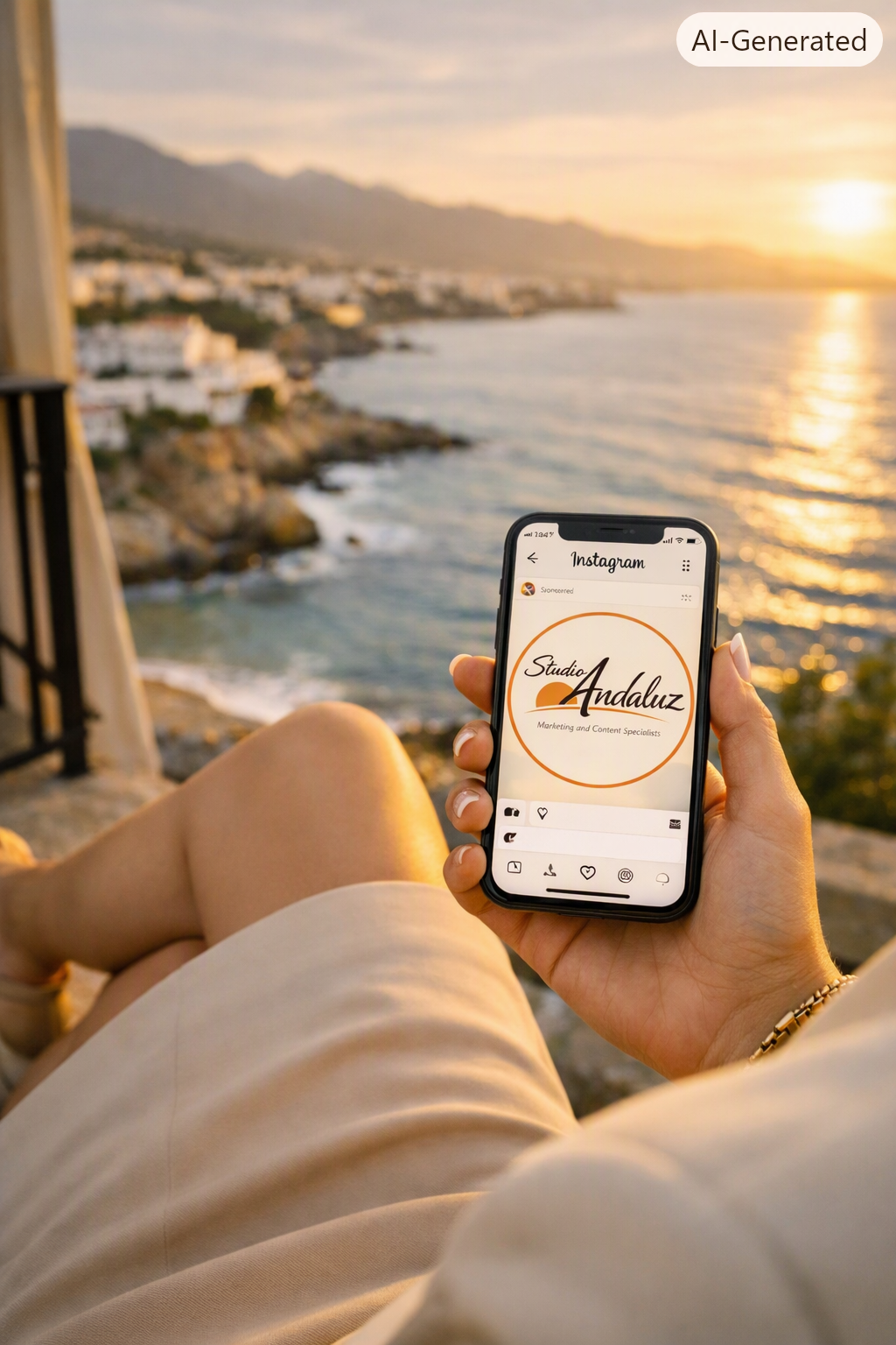 Person sitting outdoors at sunset, holding a smartphone displaying 'Studio Andaluz' Instagram page with scenic coastline views in the background.