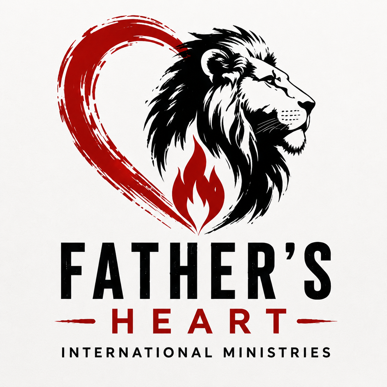 Design with a lion's profile, a heart outline, and flames, with the text 'Father's Heart International Ministries'.