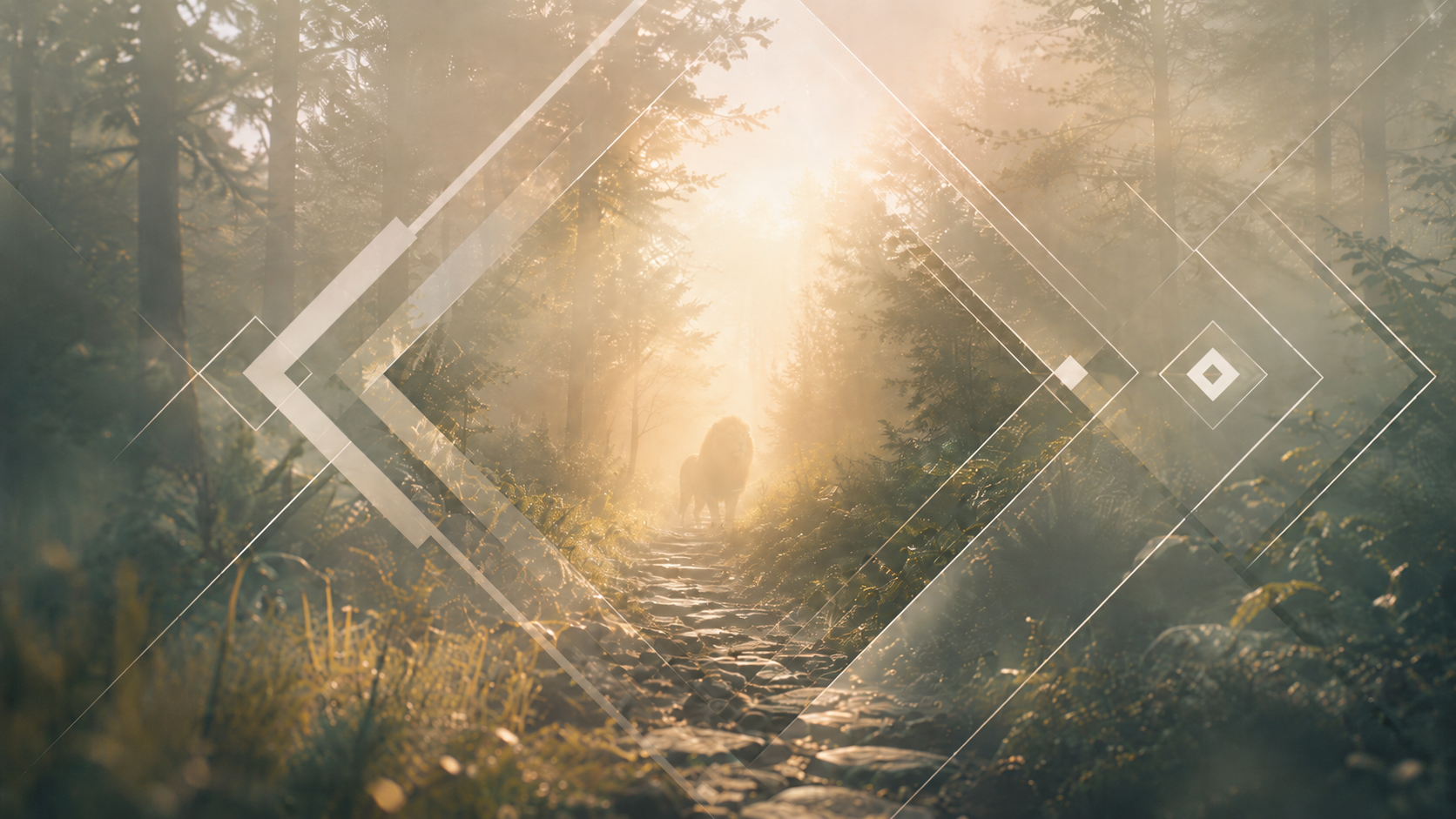 A lion walking on a forest path with sunlight streaming through trees in the background.