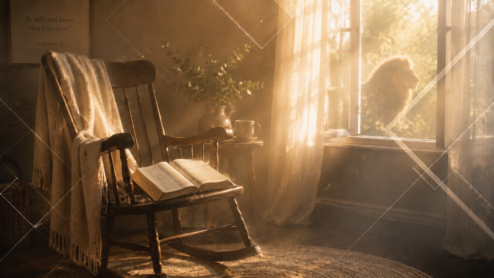 A cozy room with a wooden rocking chair draped with a cream-colored blanket, an open book on the seat, a side table with a potted plant, a cup, and a window showing a lion silhouette outside, illuminated by warm sunlight.
