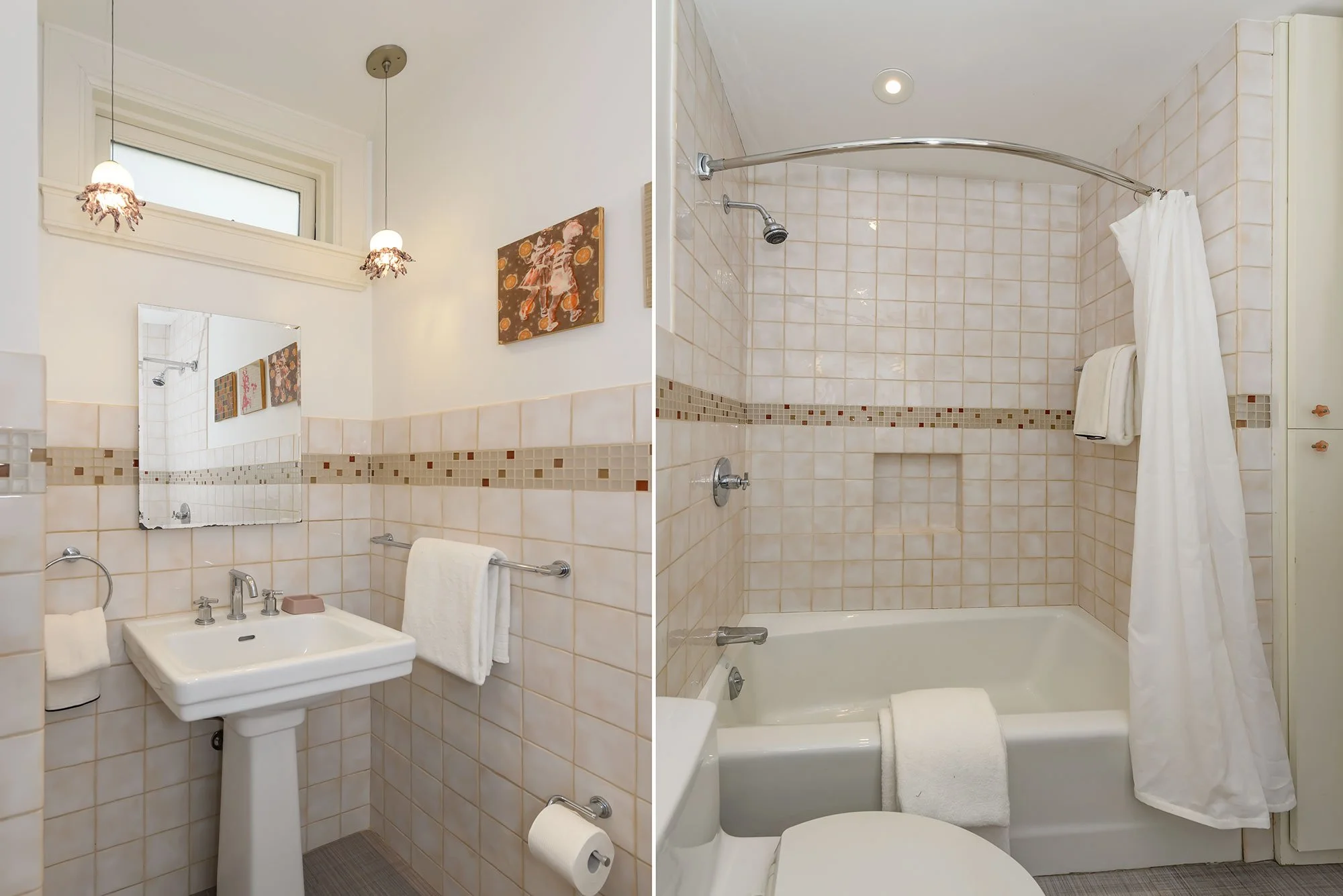 A collage of two images showing a small bathroom. The left image features a white sink with a mirror above it, a towel hanging on a rail, a wall art, and a ceiling light. The right image depicts a shower area with beige tile walls, a curved shower ro