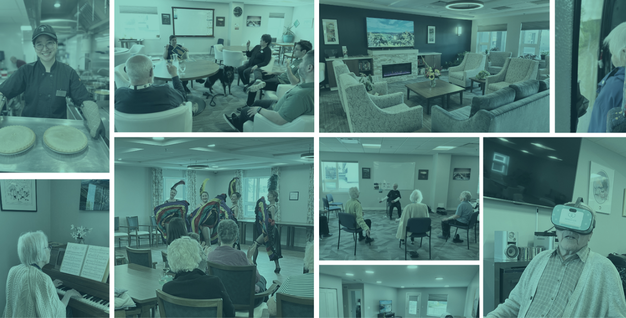 Collage of images showing various activities in a senior living community: staff serving pie, seniors in a meeting, a cozy living room, a woman with a dog, seniors participating in a dance, seniors in a seated exercise class, a woman playing piano, and an elderly man using a virtual reality headset.