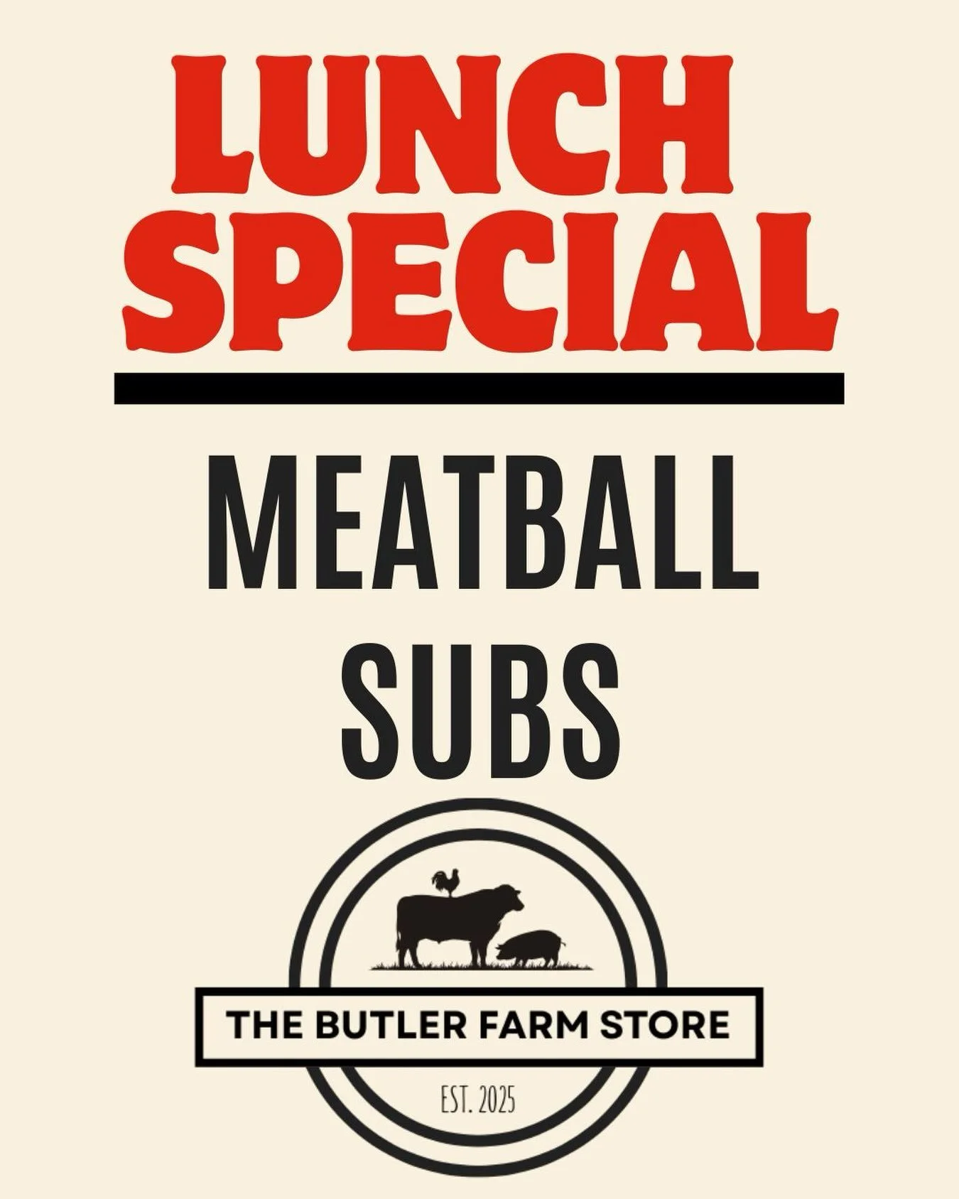 Good morning from The Butler Farm Store! ☀️
&bull;
Our lunch special this week is MEATBALL SUBS! 🥖
&bull;
Featuring house-made meatballs, pomodoro sauce, and melty provolone cheese, all served on a fresh sub roll.
&bull;
Available today through Satu