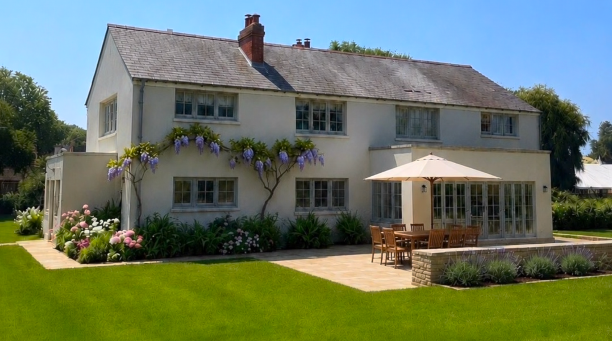 A two-story white house with multiple windows, a gray roof, and a chimney. The backyard has a patio with a dining table, chairs, an umbrella, well-maintained green grass, and colorful flower beds. A purple flowering vine adorns the side of the house.