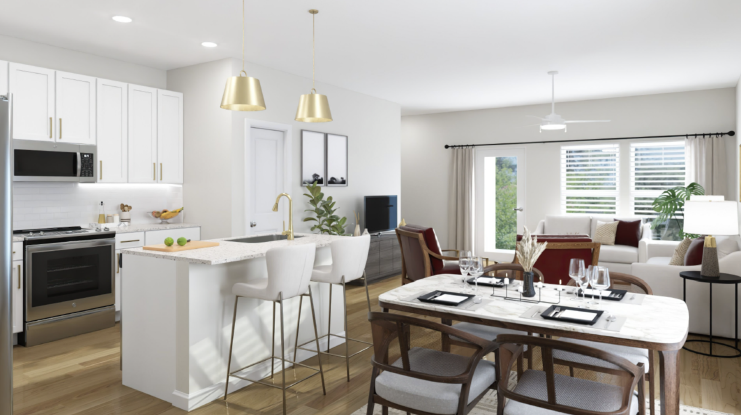 Wellstead at Arcadia open-concept living space with white kitchen, dining area, and living room, featuring modern furniture, large windows, and natural light.