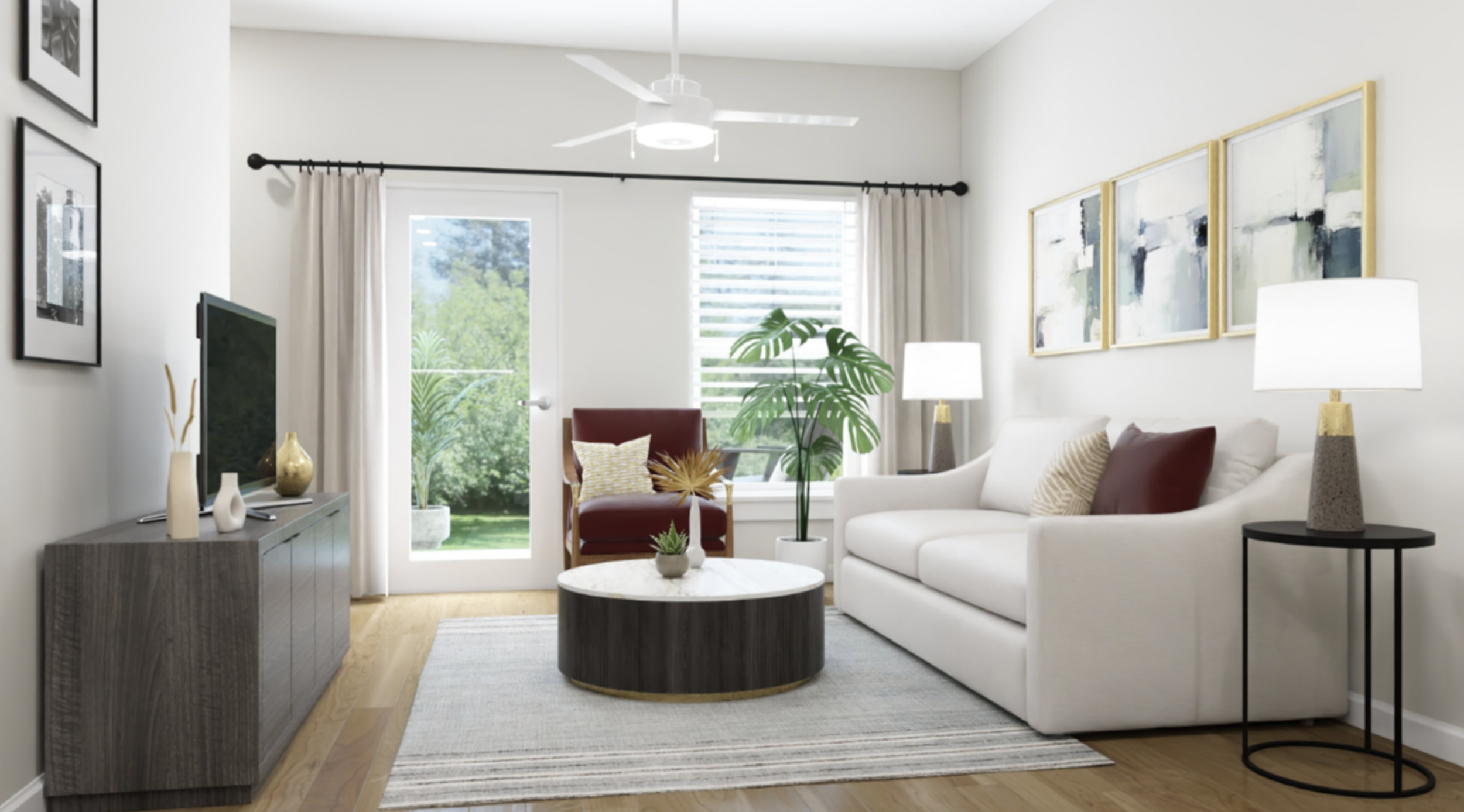 Wellstead at Arcadia living room with white walls, a white sofa, a red armchair, a round coffee table, a gray sideboard with vases, framed artwork, and a large window with curtains and blinds, decorated with plants and lamps.