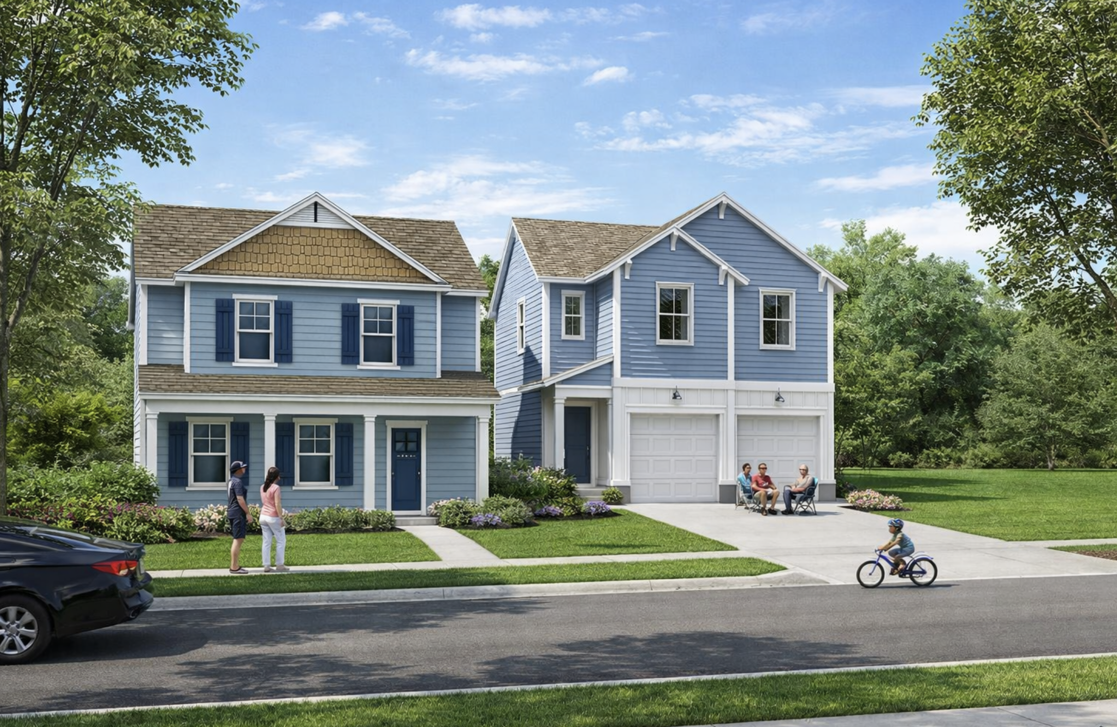 Two modern, blue houses for rent at Wellstead at Arcadia set in a lush green neighborhood with mature trees and a bright blue sky. People are walking and biking on the sidewalk in front of the houses, and a few are seated on a porch.