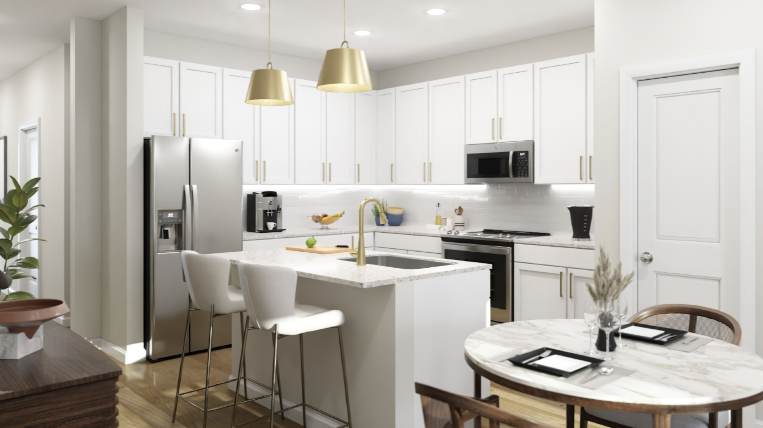 Wellstead at Arcadia modern kitchen with white cabinets, a kitchen island with barstools, stainless steel appliances, and a round dining table with place settings