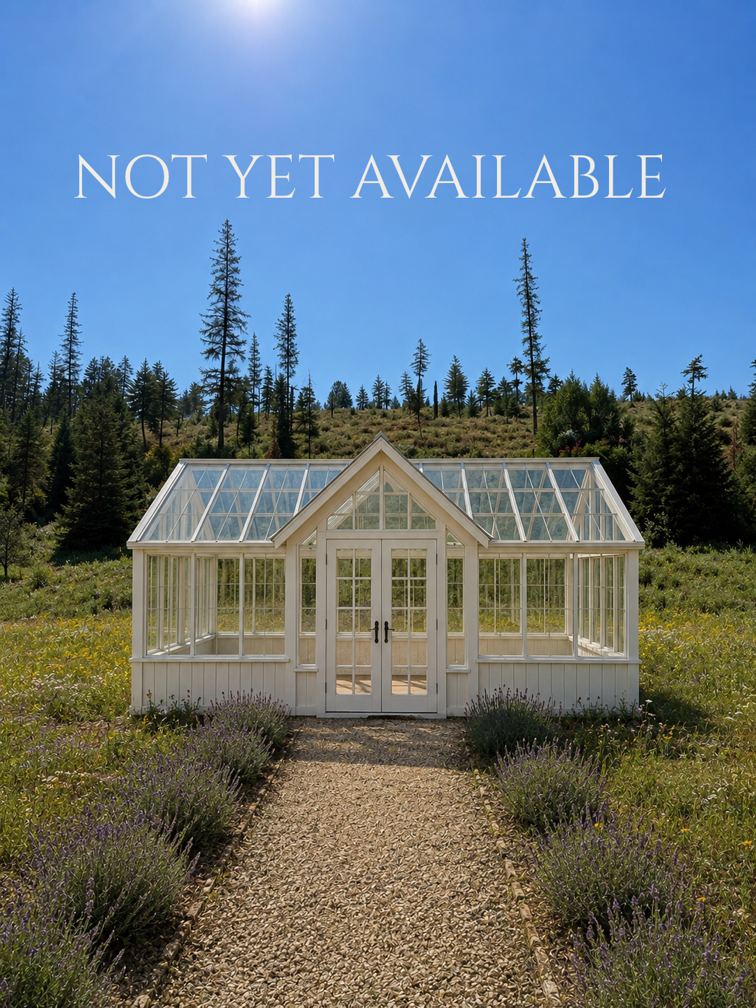 A white greenhouse with glass panels situated in a garden with purple lavenders, surrounded by greenery and trees, under a clear blue sky.
