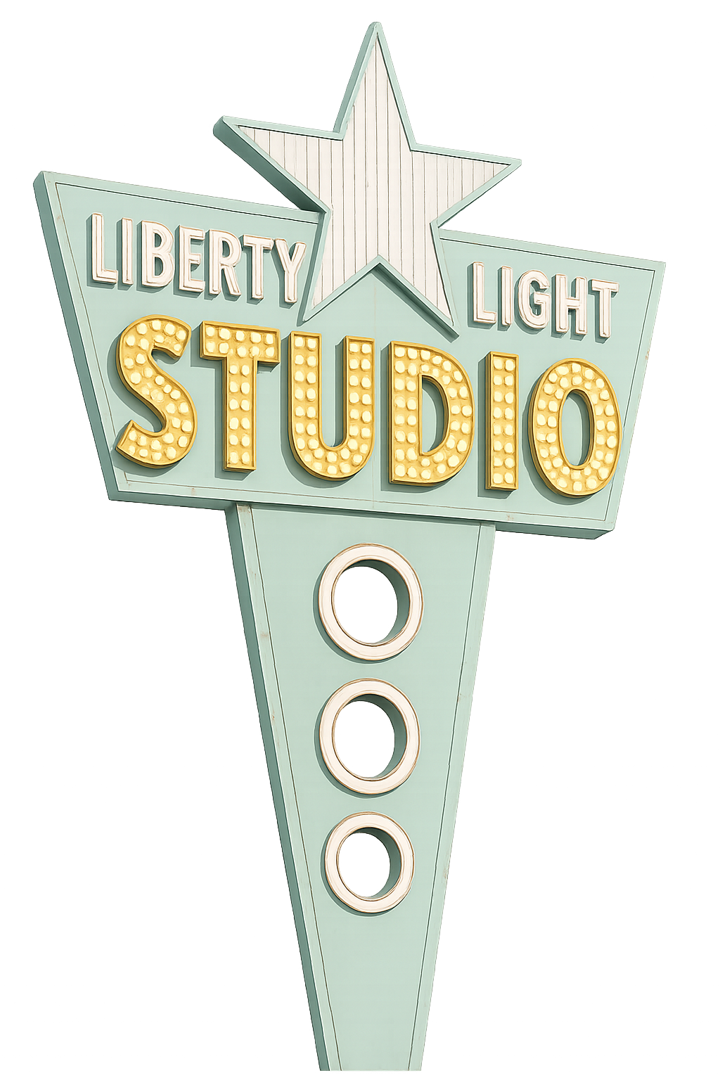 Sign for Liberty Light Studio featuring a large star, marquee lights, and three circular light fixtures.