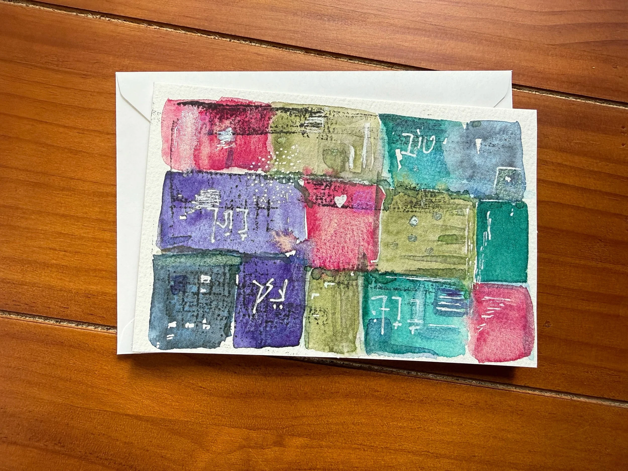 Original abstract watercolor and mixed media greeting card featuring layered blocks of teal, purple, blue, green, and magenta with hand-drawn white accents..jpeg