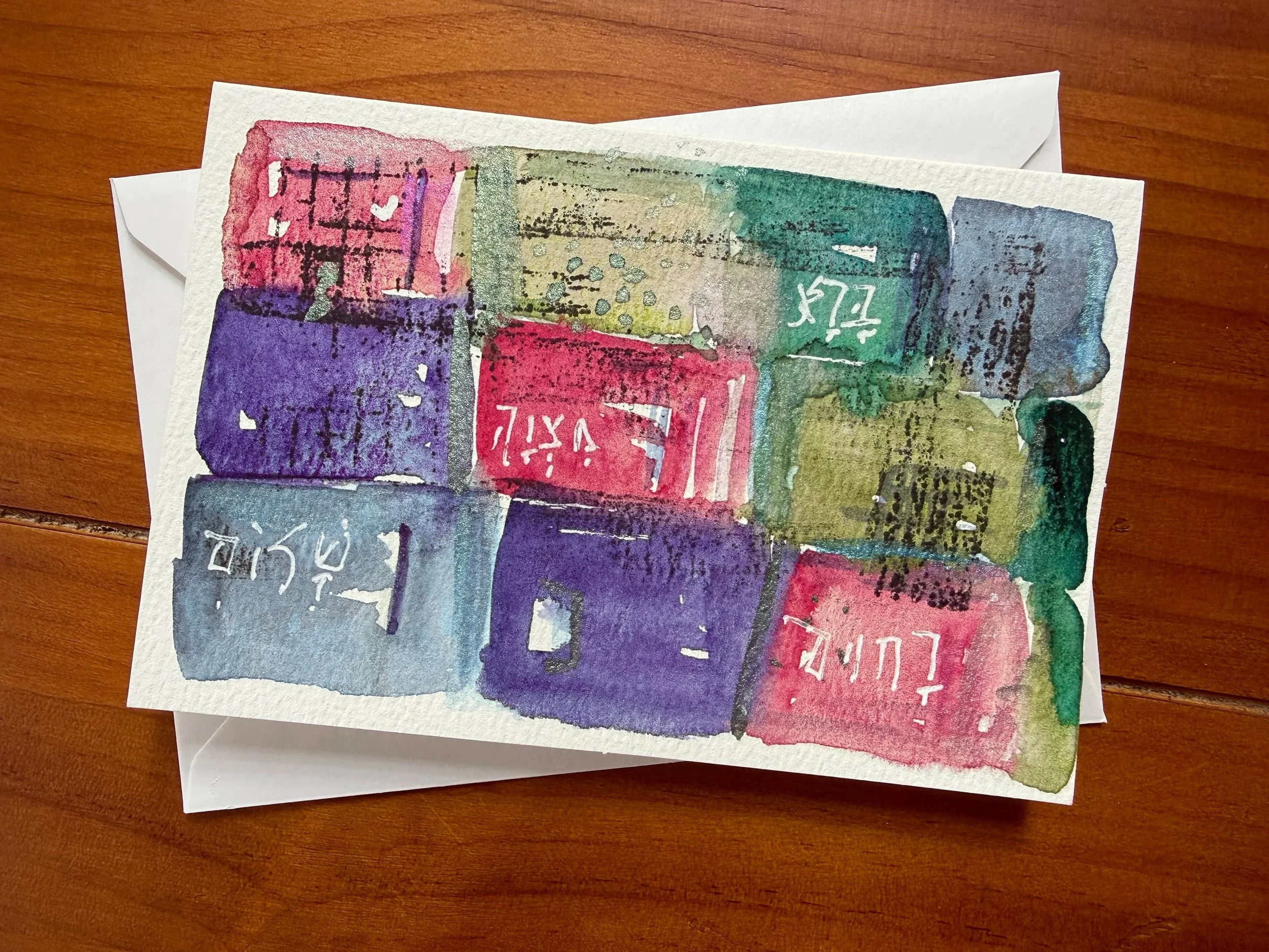 Original abstract watercolor and mixed media greeting card featuring layered blocks of teal, purple, blue, green, and magenta with hand-drawn white accents..jpeg