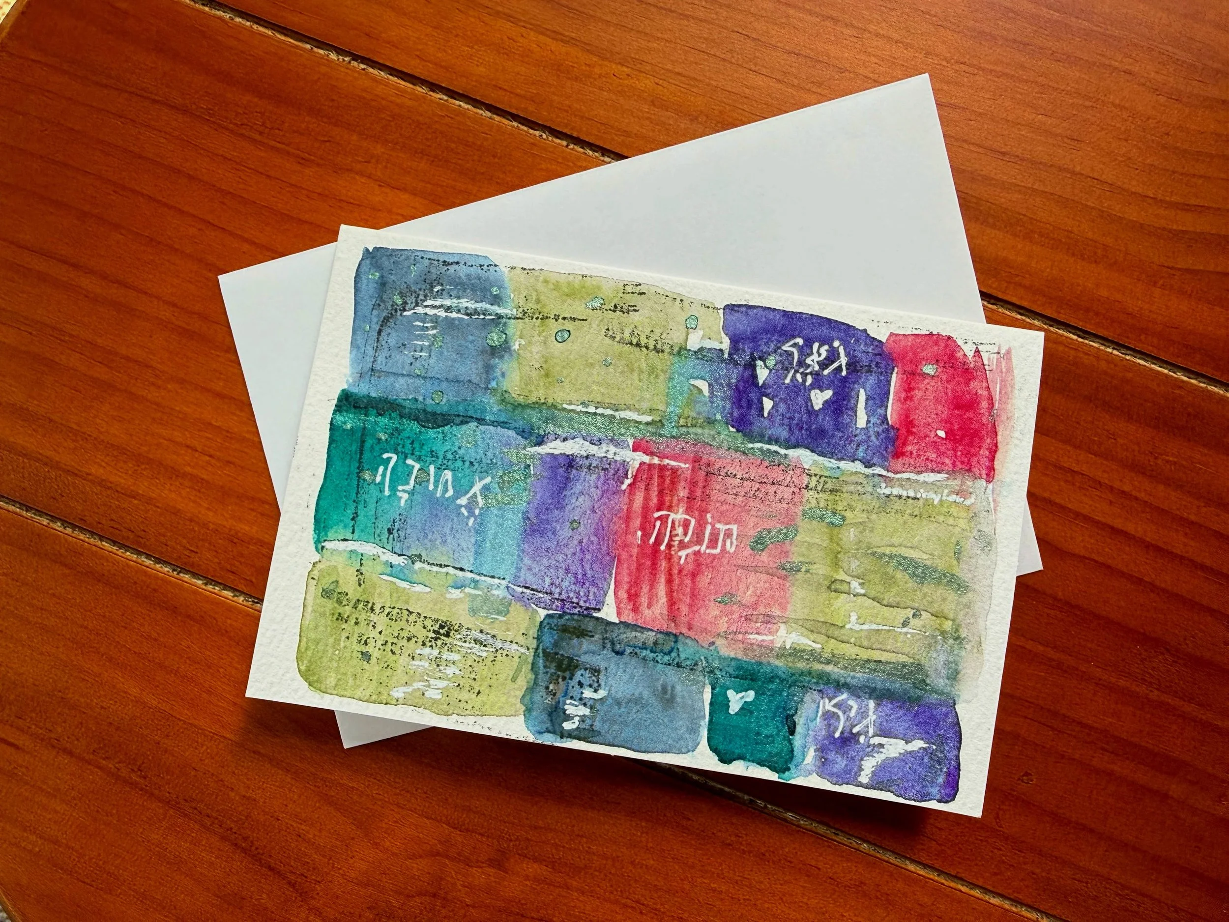 Original abstract watercolor and mixed media greeting card featuring layered blocks of teal, purple, blue, green, and magenta with hand-drawn white accents.