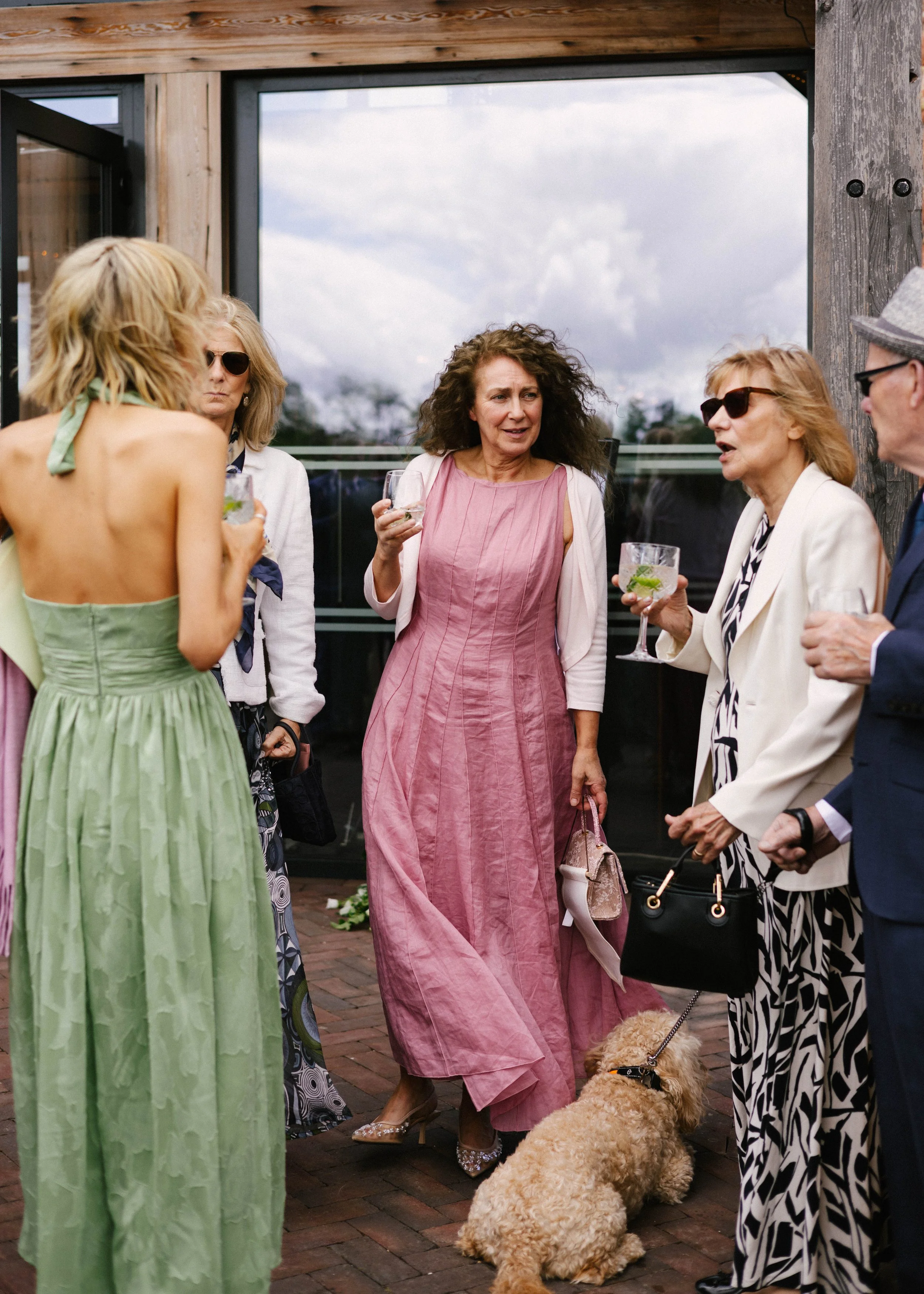 A group of women in stylish dresses gather outdoors, holding drinks, some wearing sunglasses, with a dog on a leash in the foreground, and a backdrop of a cloudy sky and a building with large windows.